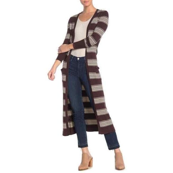Vertigo Longline Duster Cardigan Sweater L Striped Black/Coffee/Vanilla NWD B89 - Picture 1 of 6